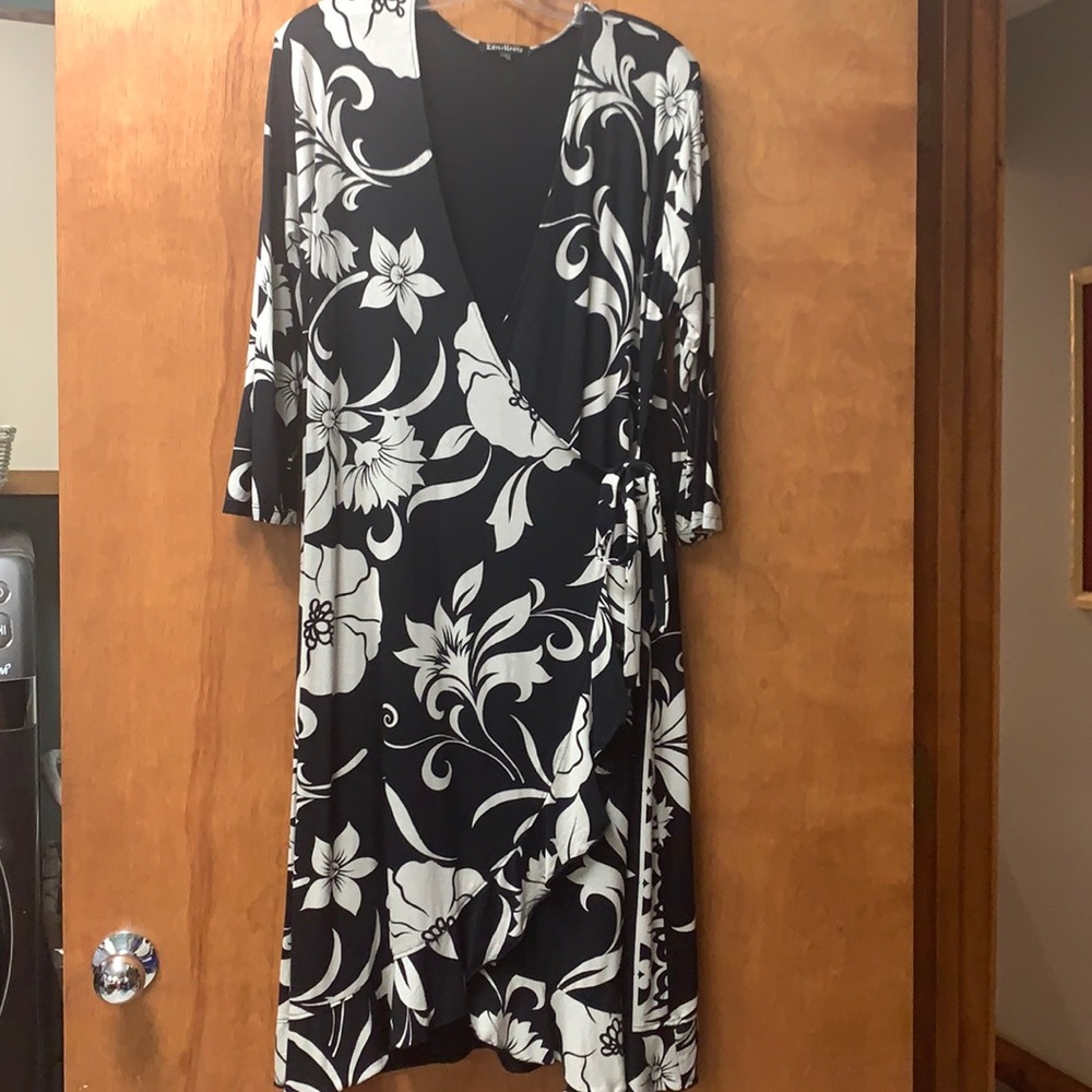 Zen-Knits black and off-white floral wrap dress